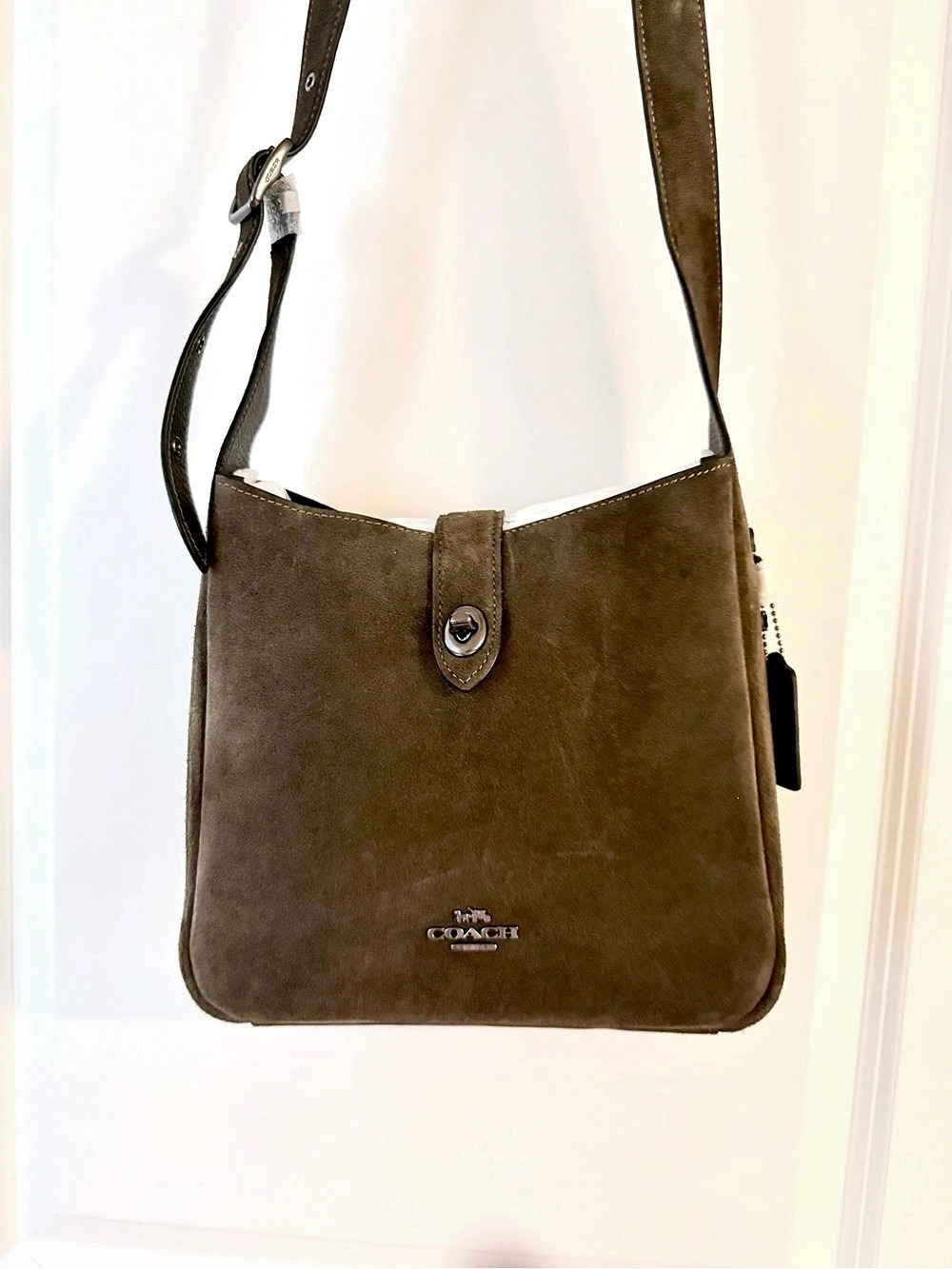 Coach Hadley Olive Suede Shoulder or Crossbody Bag with turnlock closure